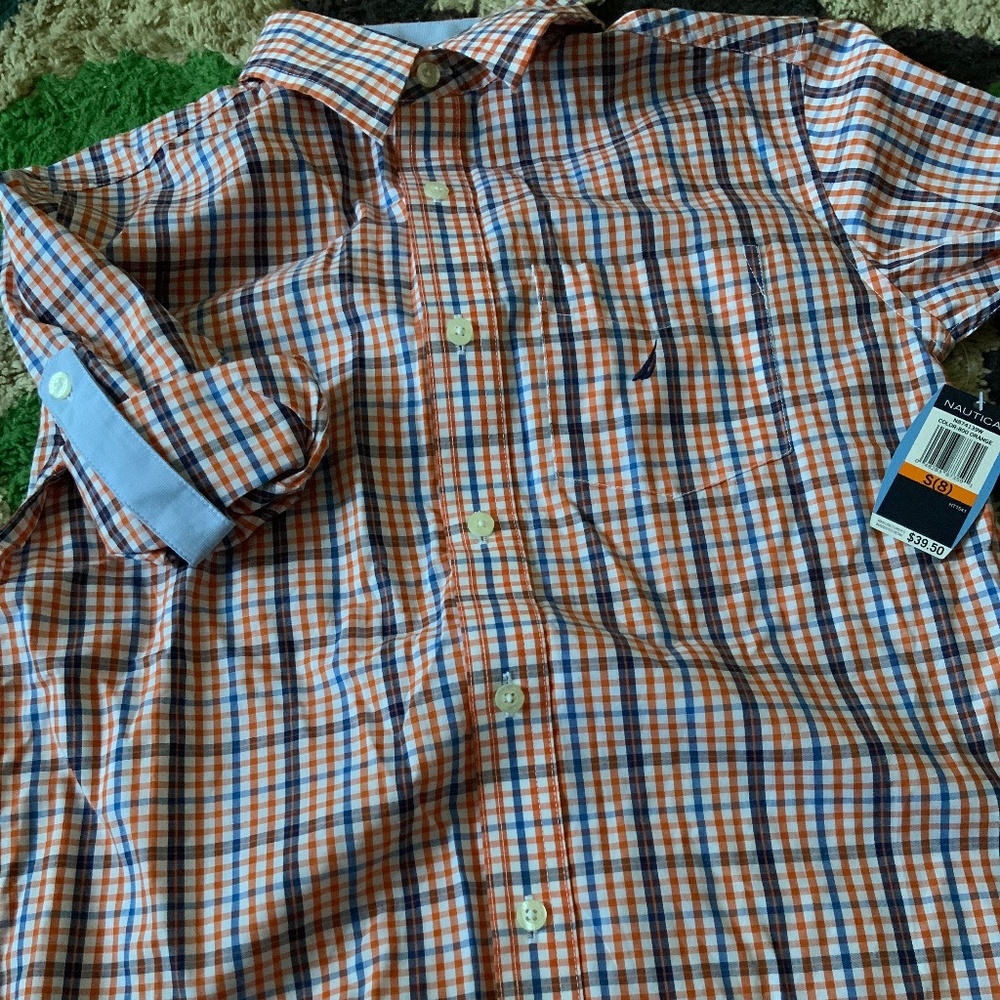 Nautical boys Size 8 blue and orange checker dress shirt nwt
